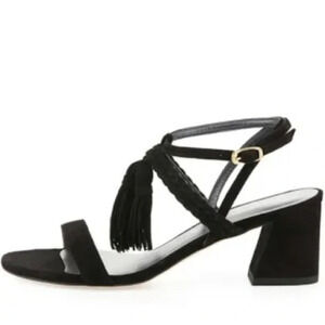 Stuart Weitzman Black Suede Tassel Mania Heeled Sandal size 7.5